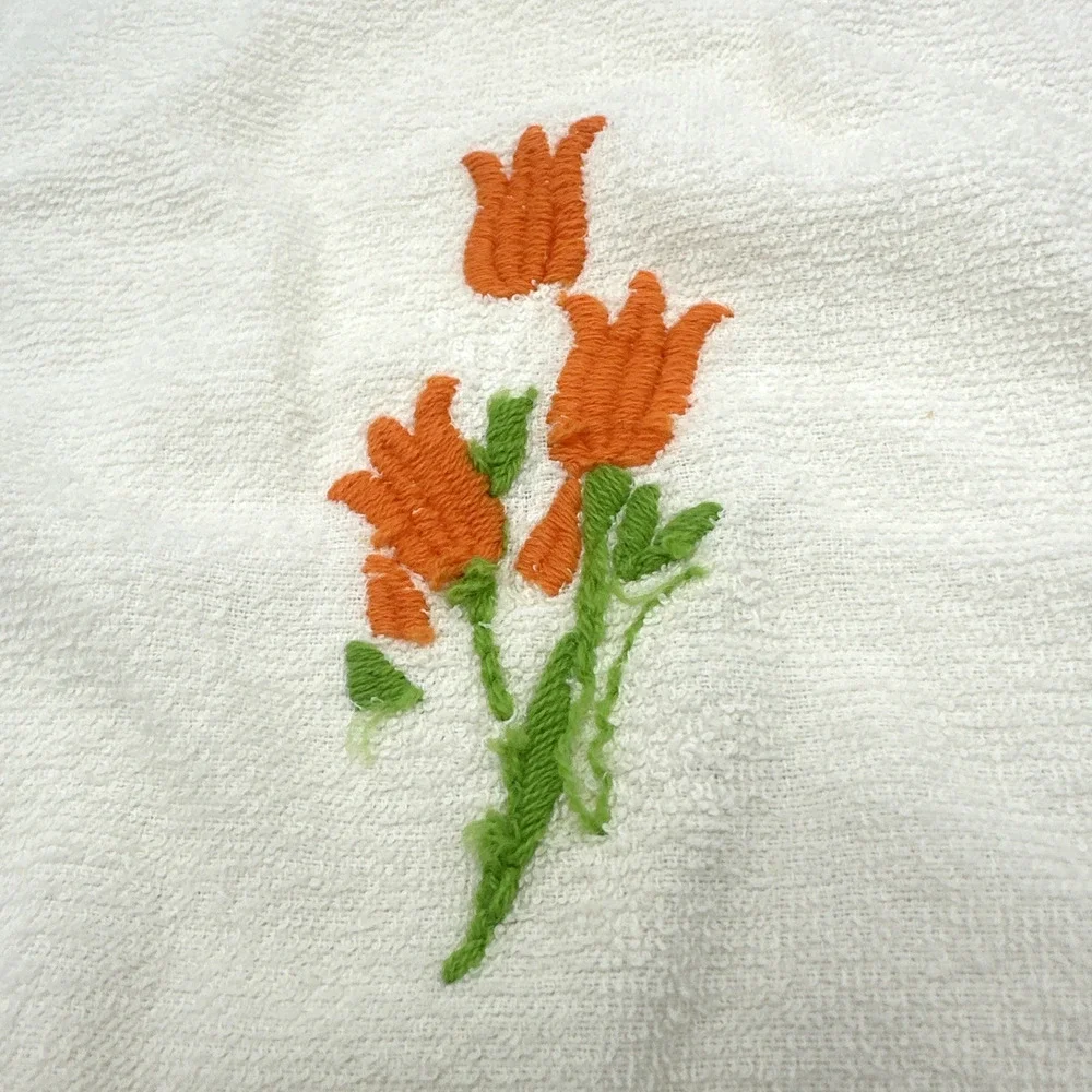 Vintage Set Hand Tea Dish Towel 70s MCM Trophy Cannon Mills Floral Fringe Embroi